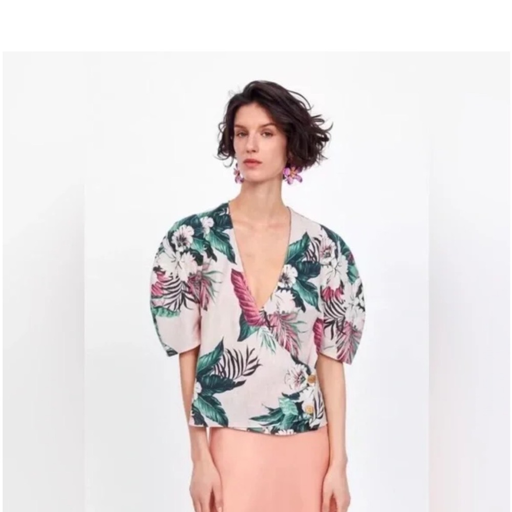 Zara Tropical Linen Floral V-Neck Blouse